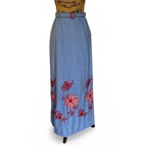 VTG 70s Susan Thomas Blue Chambray Red Embroidered Flowers Straight Maxi Skirt S